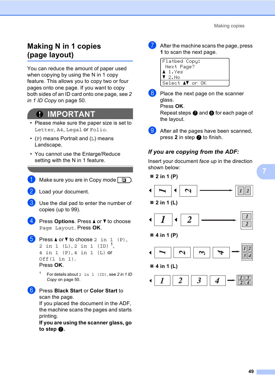 If you are copying from the adf, Important, 7making n in 1 copies (page layout) | Brother MFC 9560CDW User Manual | Page 55 / 101