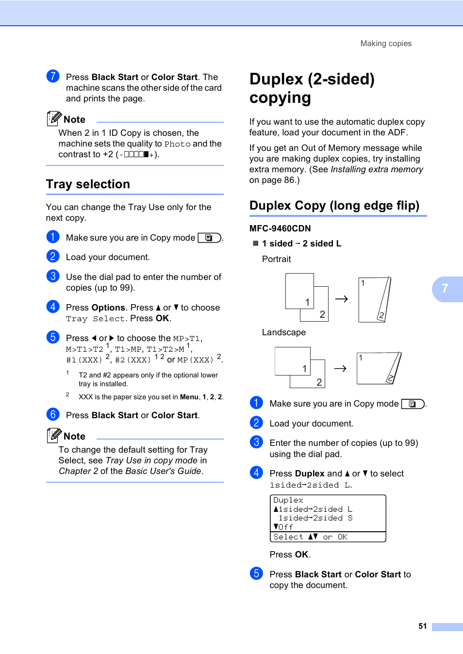 Tray selection, Duplex (2-sided) copying, Duplex copy (long edge flip) | Brother MFC 9560CDW User Manual | Page 57 / 101