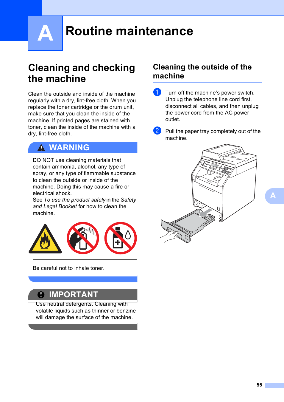A routine maintenance, Cleaning and checking the machine, Cleaning the outside of the machine | Routine maintenance, Warning, Important | Brother MFC 9560CDW User Manual | Page 61 / 101