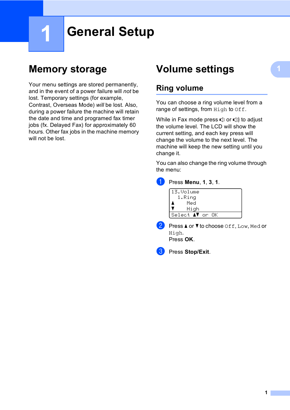 1 general setup, Memory storage, Volume settings | Ring volume, General setup, Memory storage volume settings | Brother MFC 9560CDW User Manual | Page 7 / 101