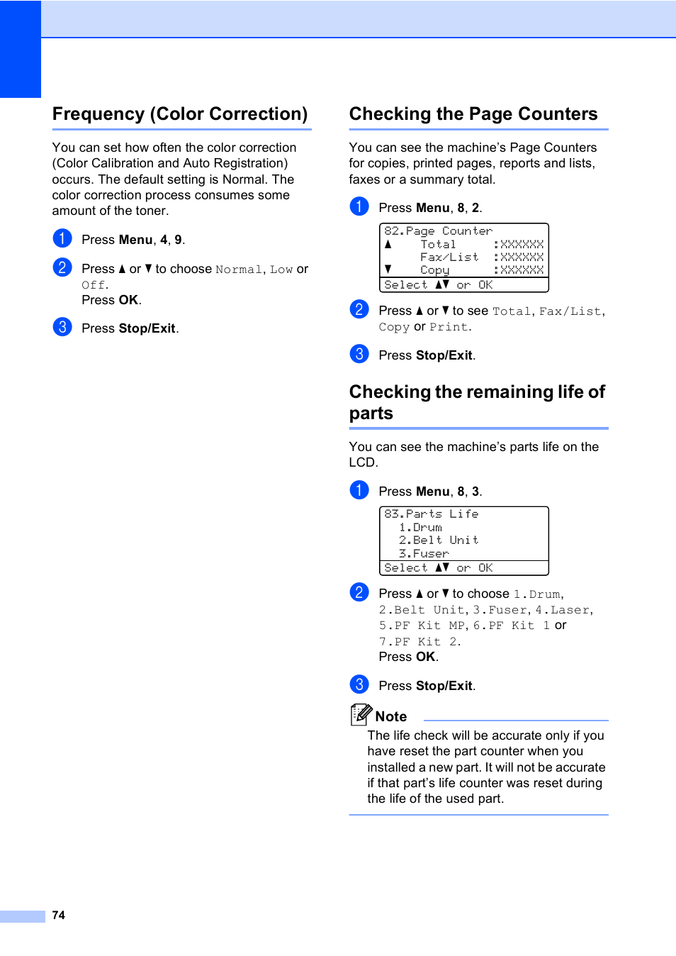 Frequency (color correction), Checking the remaining life of parts, Checking the page counters | Brother MFC 9560CDW User Manual | Page 80 / 101