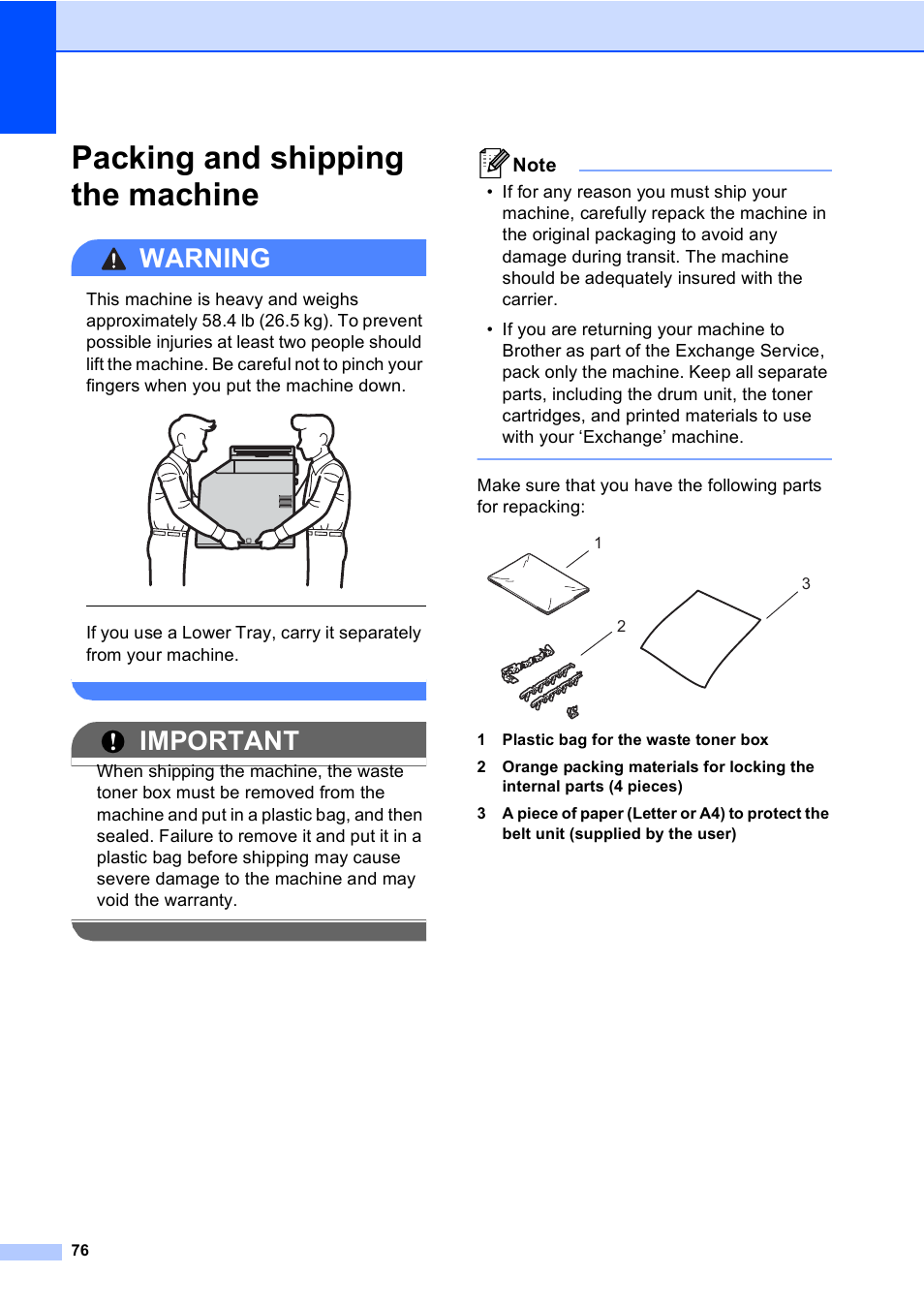 Packing and shipping the machine, Warning, Important | Brother MFC 9560CDW User Manual | Page 82 / 101