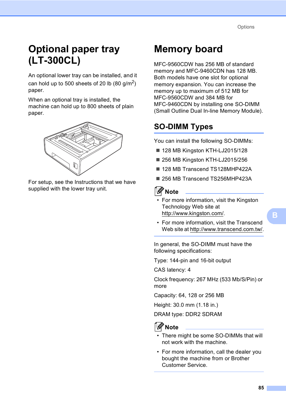 Optional paper tray (lt-300cl), Memory board, So-dimm types | Optional paper tray (lt-300cl) memory board | Brother MFC 9560CDW User Manual | Page 91 / 101