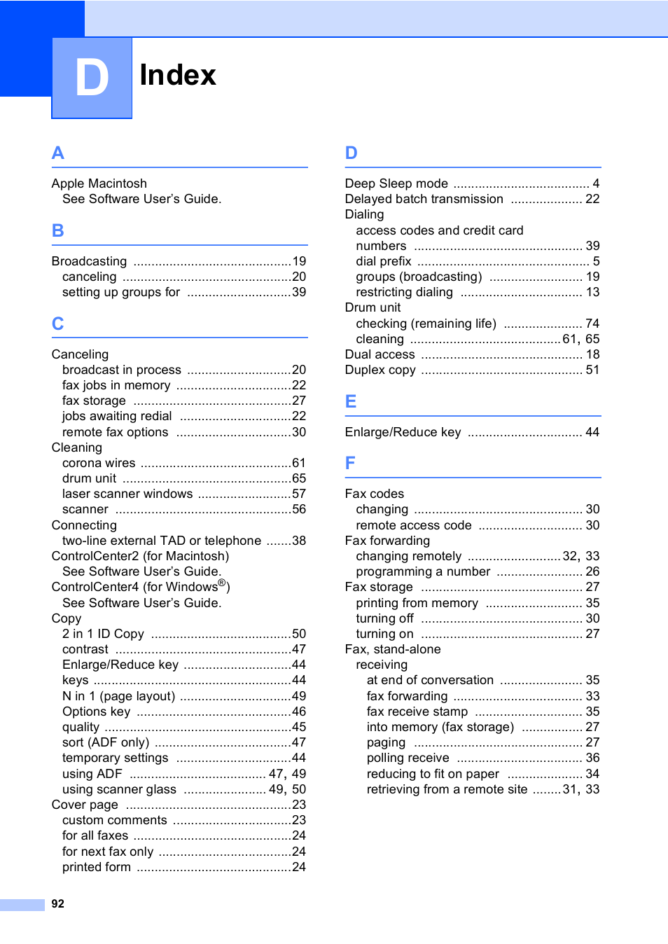 Index | Brother MFC 9560CDW User Manual | Page 98 / 101