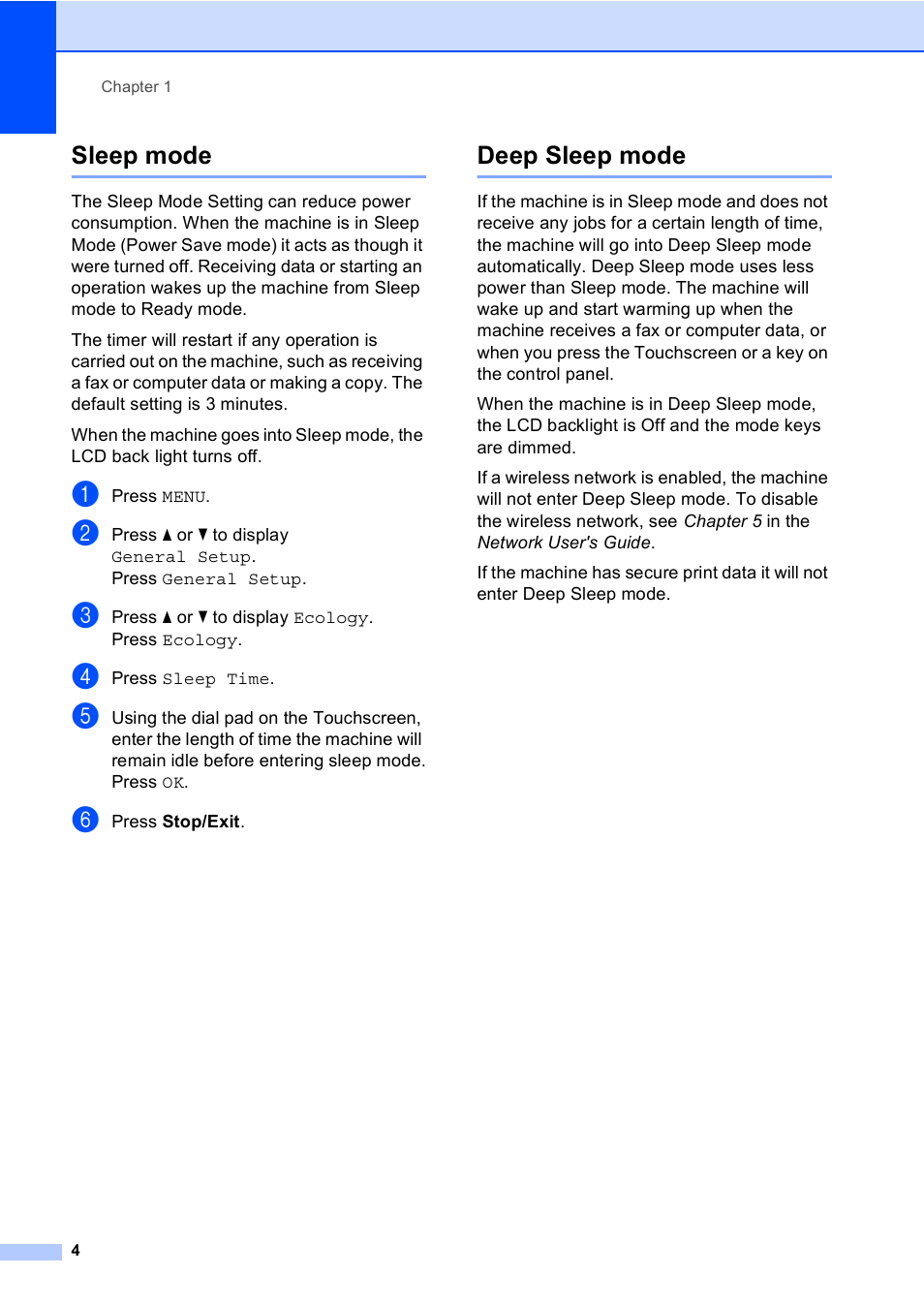 Sleep mode, Deep sleep mode, Sleep mode deep sleep mode | Brother MFC 9970CDW User Manual | Page 10 / 110