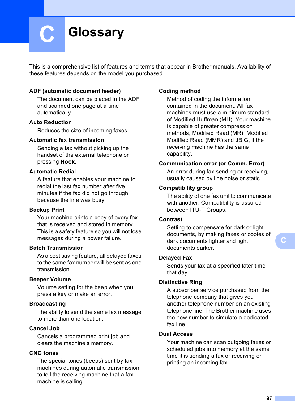 C glossary, Glossary | Brother MFC 9970CDW User Manual | Page 103 / 110