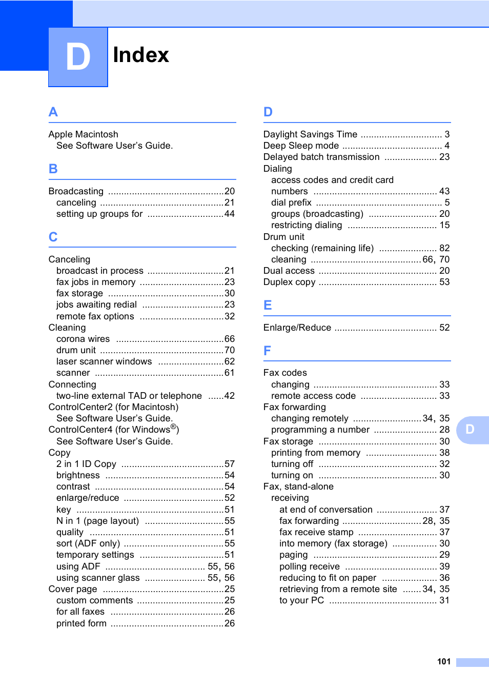 Index | Brother MFC 9970CDW User Manual | Page 107 / 110