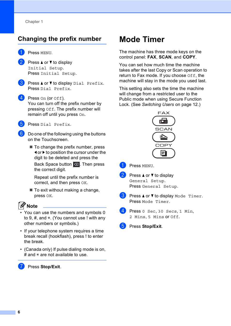 Changing the prefix number, Mode timer | Brother MFC 9970CDW User Manual | Page 12 / 110