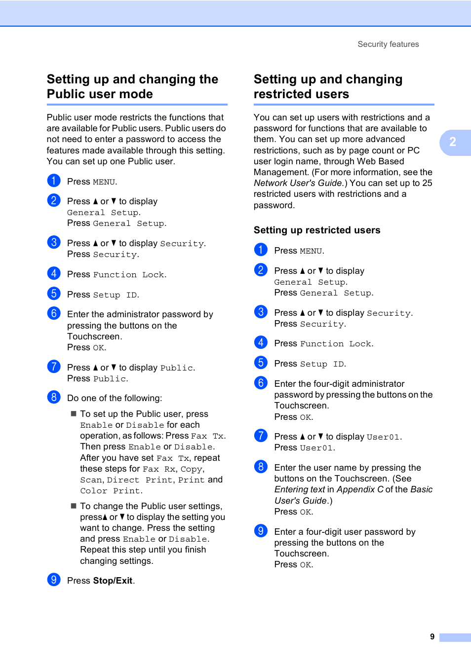 Setting up and changing the public user mode, Setting up and changing restricted users, Setting up restricted users | 2setting up and changing the public user mode | Brother MFC 9970CDW User Manual | Page 15 / 110
