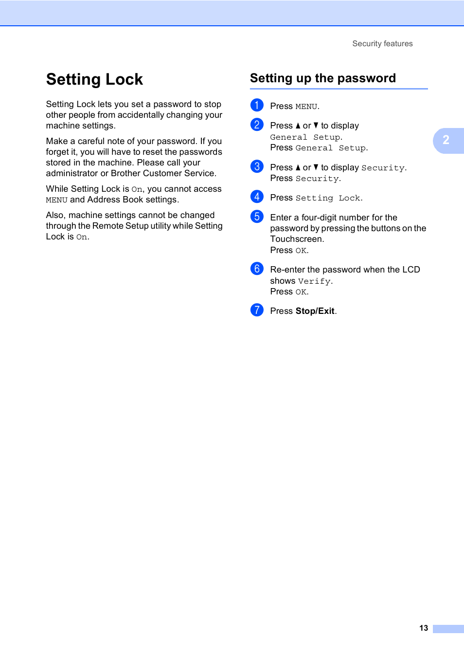 Setting lock, Setting up the password | Brother MFC 9970CDW User Manual | Page 19 / 110