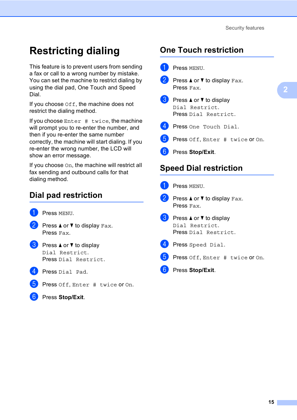 Restricting dialing, Dial pad restriction, One touch restriction | Speed dial restriction | Brother MFC 9970CDW User Manual | Page 21 / 110