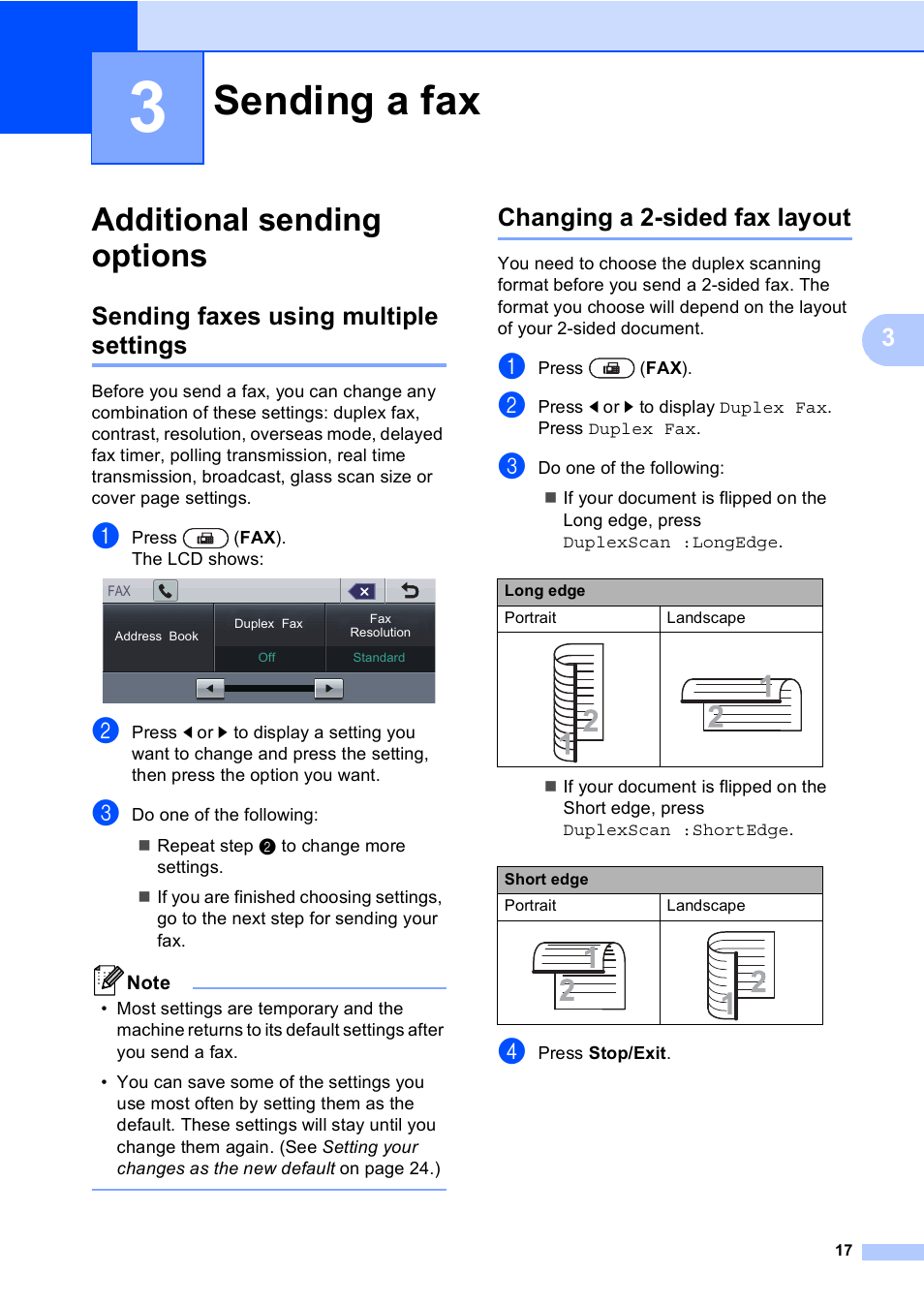 3 sending a fax, Additional sending options, Sending faxes using multiple settings | Changing a 2-sided fax layout, Sending a fax | Brother MFC 9970CDW User Manual | Page 23 / 110