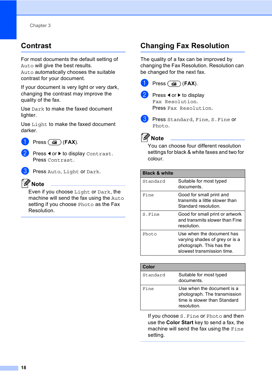 Contrast, Changing fax resolution, Contrast changing fax resolution | Brother MFC 9970CDW User Manual | Page 24 / 110