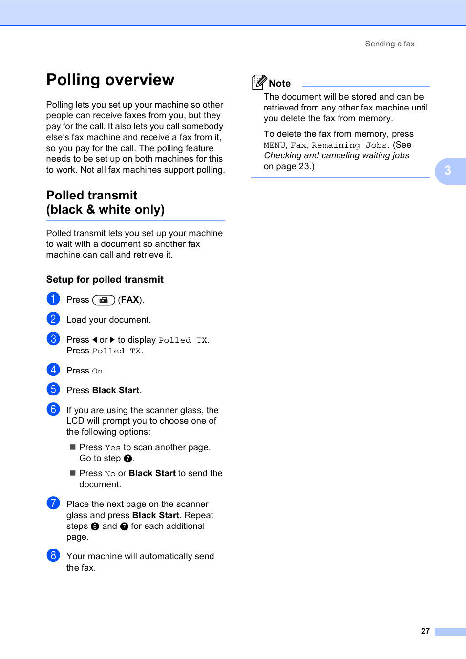 Polling overview, Polled transmit (black & white only), Setup for polled transmit | Brother MFC 9970CDW User Manual | Page 33 / 110