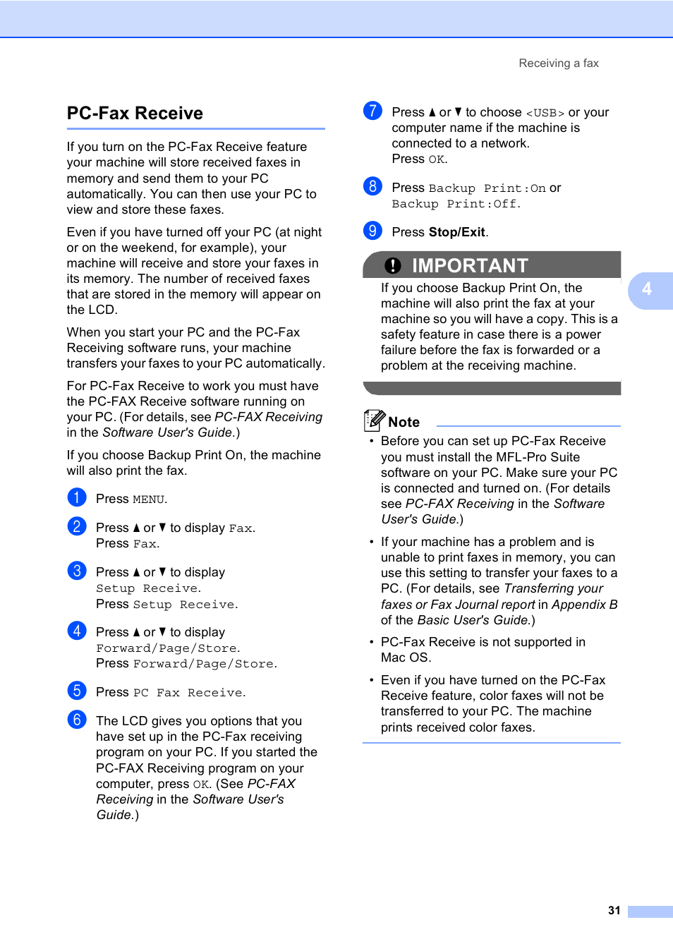 Pc-fax receive, Important, 4pc-fax receive | Brother MFC 9970CDW User Manual | Page 37 / 110