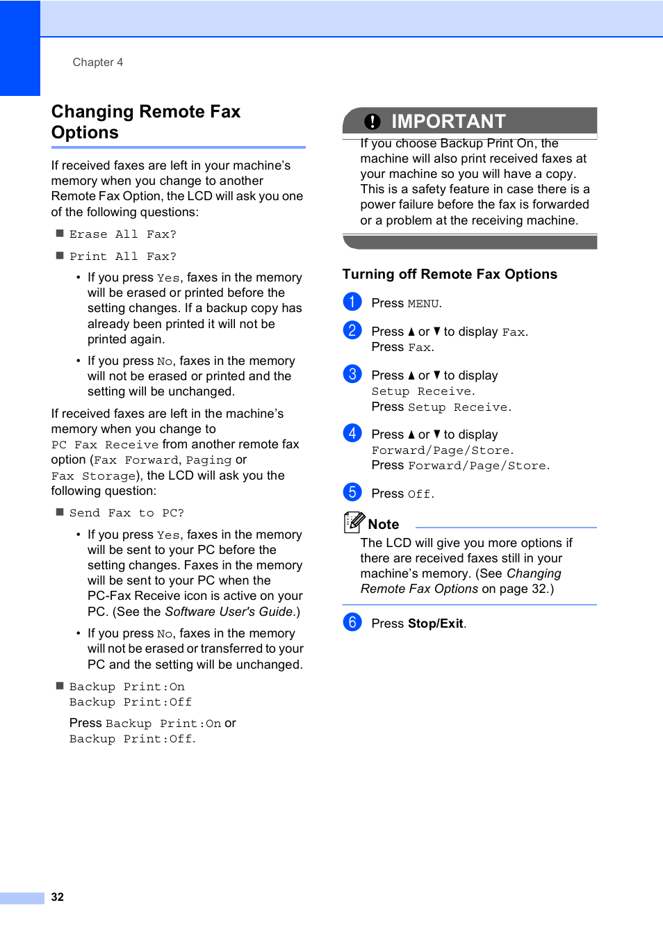Changing remote fax options, Turning off remote fax options, Important | Brother MFC 9970CDW User Manual | Page 38 / 110