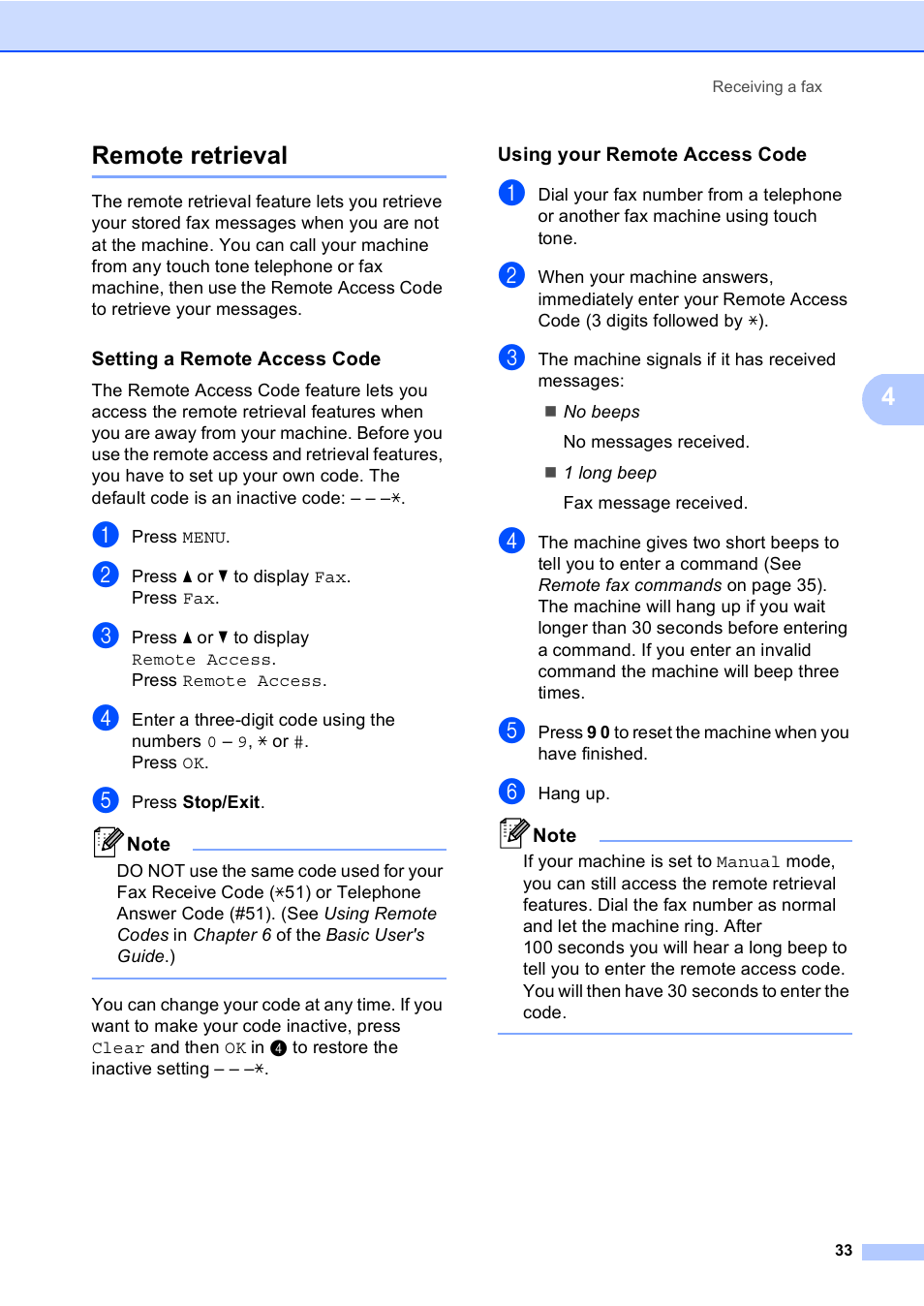 Remote retrieval, Setting a remote access code, Using your remote access code | 4remote retrieval | Brother MFC 9970CDW User Manual | Page 39 / 110