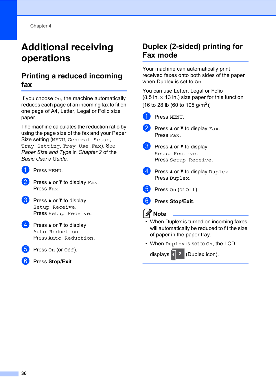 Additional receiving operations, Printing a reduced incoming fax, Duplex (2-sided) printing for fax mode | Brother MFC 9970CDW User Manual | Page 42 / 110
