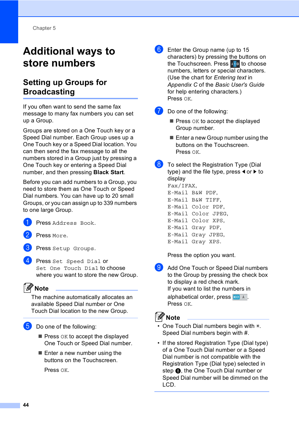 Additional ways to store numbers, Setting up groups for broadcasting | Brother MFC 9970CDW User Manual | Page 50 / 110