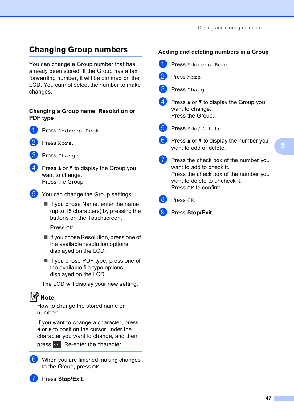 Changing group numbers, 5changing group numbers | Brother MFC 9970CDW User Manual | Page 53 / 110