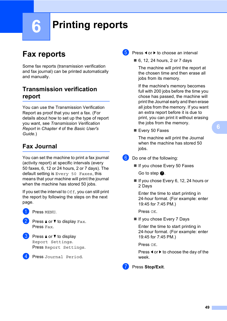 6 printing reports, Fax reports, Transmission verification report | Fax journal, Printing reports, Transmission verification report fax journal | Brother MFC 9970CDW User Manual | Page 55 / 110