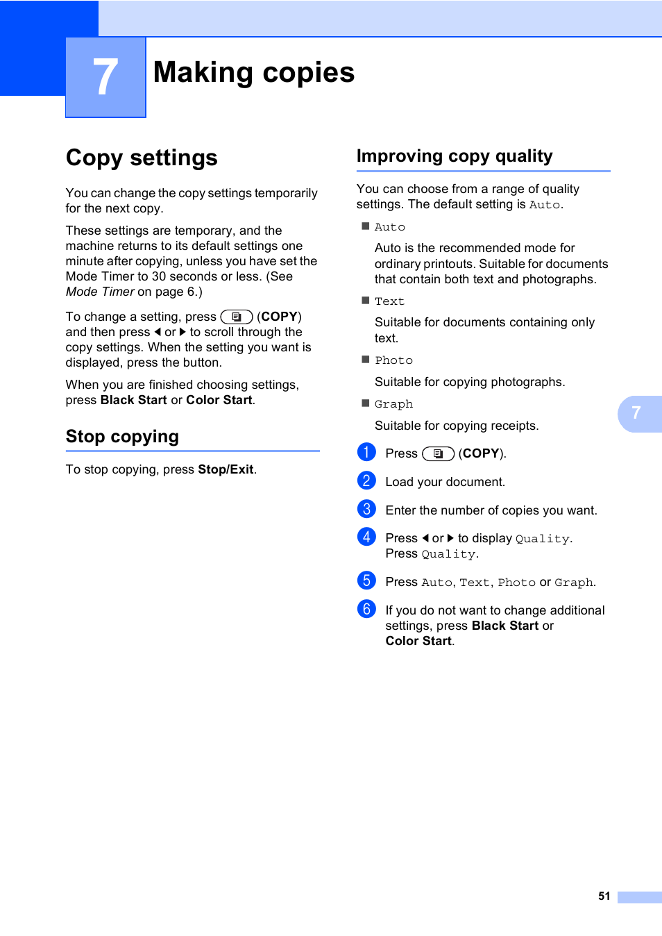 7 making copies, Copy settings, Stop copying | Improving copy quality, Making copies, Stop copying improving copy quality | Brother MFC 9970CDW User Manual | Page 57 / 110
