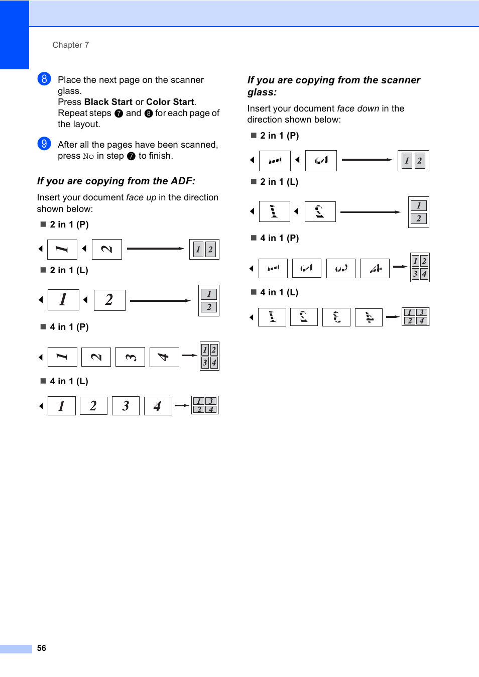 If you are copying from the adf, If you are copying from the scanner glass, 2 in 1 (l) | 4 in 1 (p), 4 in 1 (l) | Brother MFC 9970CDW User Manual | Page 62 / 110