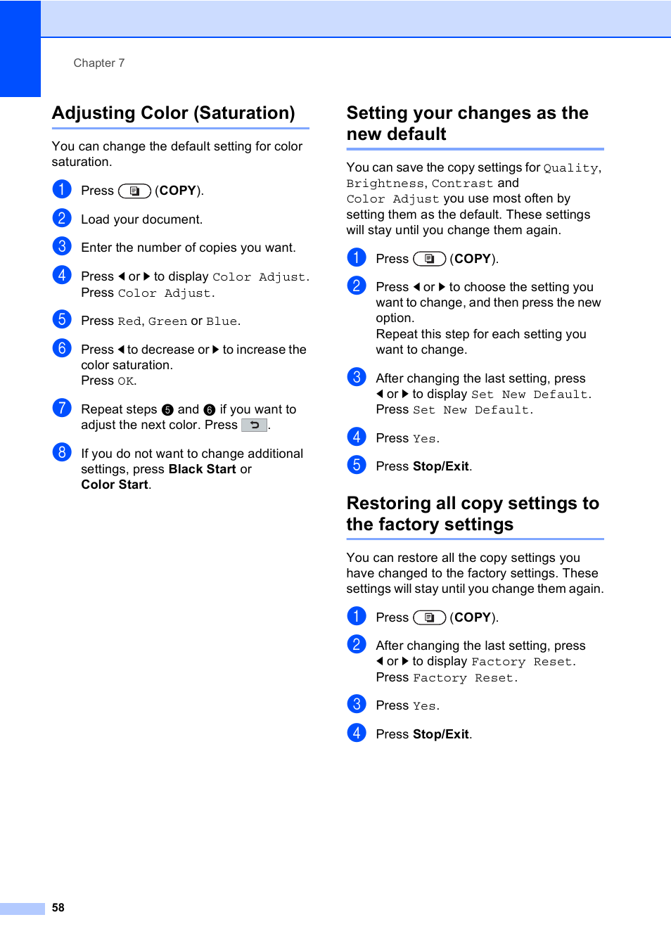 Adjusting color (saturation), Setting your changes as the new default | Brother MFC 9970CDW User Manual | Page 64 / 110
