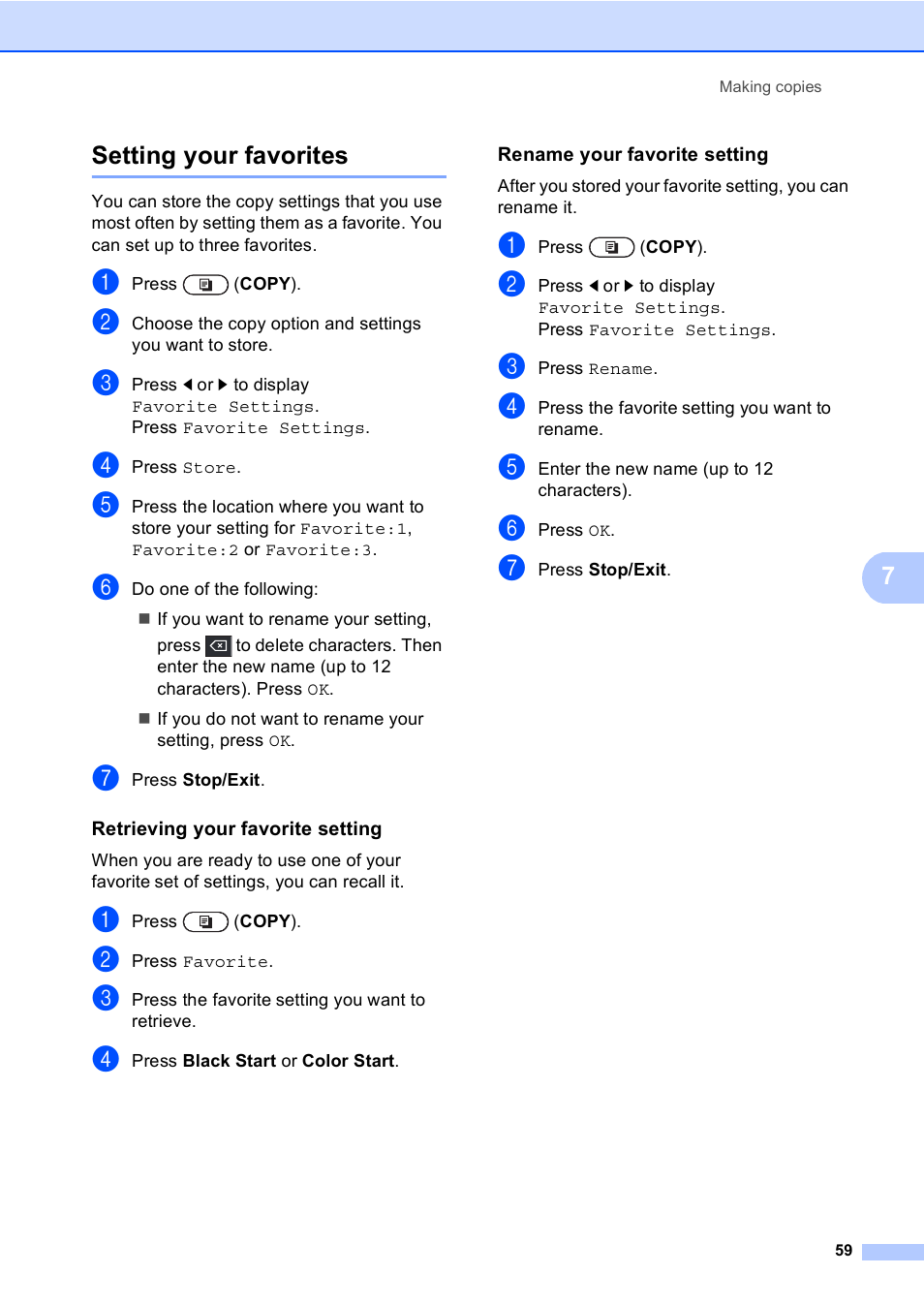 Setting your favorites, Retrieving your favorite setting, Rename your favorite setting | 7setting your favorites | Brother MFC 9970CDW User Manual | Page 65 / 110
