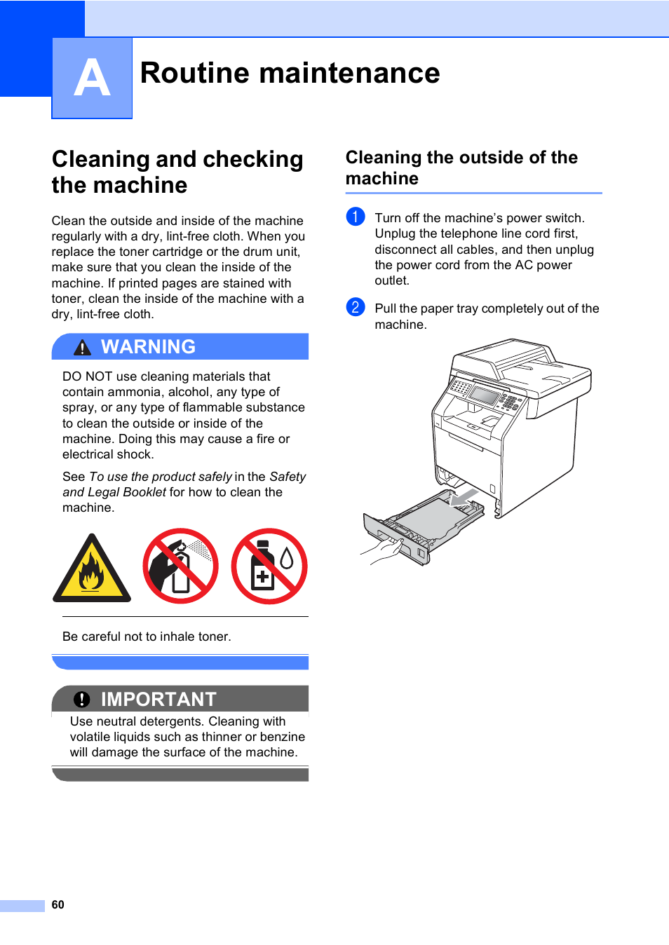 A routine maintenance, Cleaning and checking the machine, Cleaning the outside of the machine | Routine maintenance, Warning, Important | Brother MFC 9970CDW User Manual | Page 66 / 110