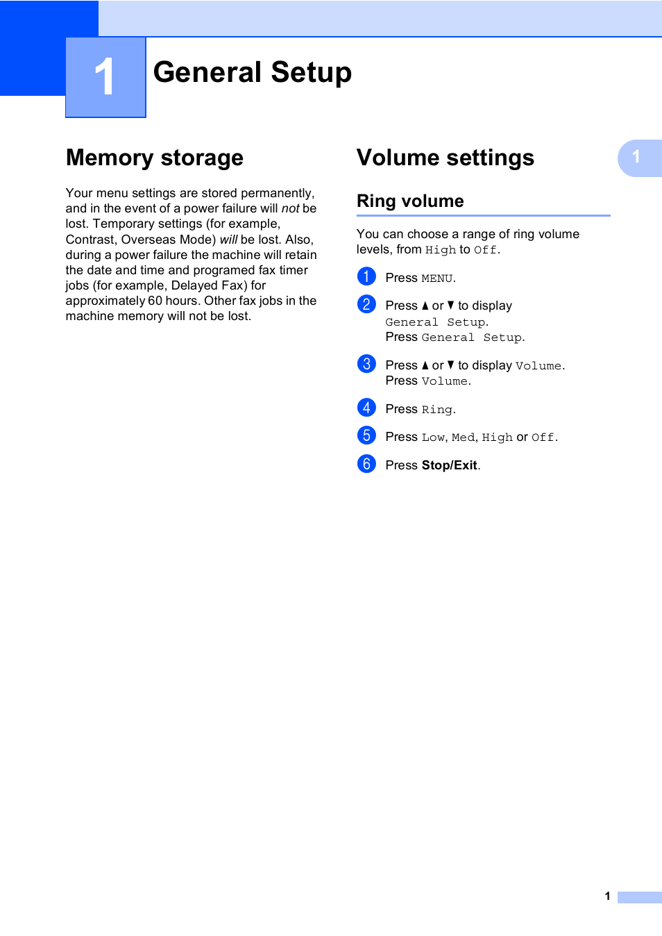 1 general setup, Memory storage, Volume settings | Ring volume, General setup, Memory storage volume settings | Brother MFC 9970CDW User Manual | Page 7 / 110