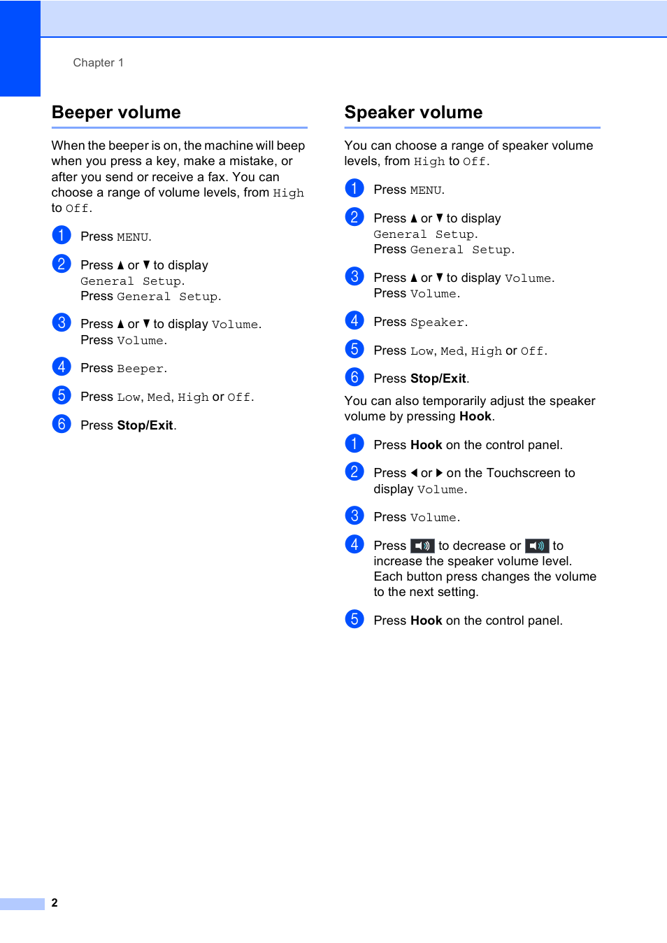 Beeper volume, Speaker volume, Beeper volume speaker volume | Brother MFC 9970CDW User Manual | Page 8 / 110