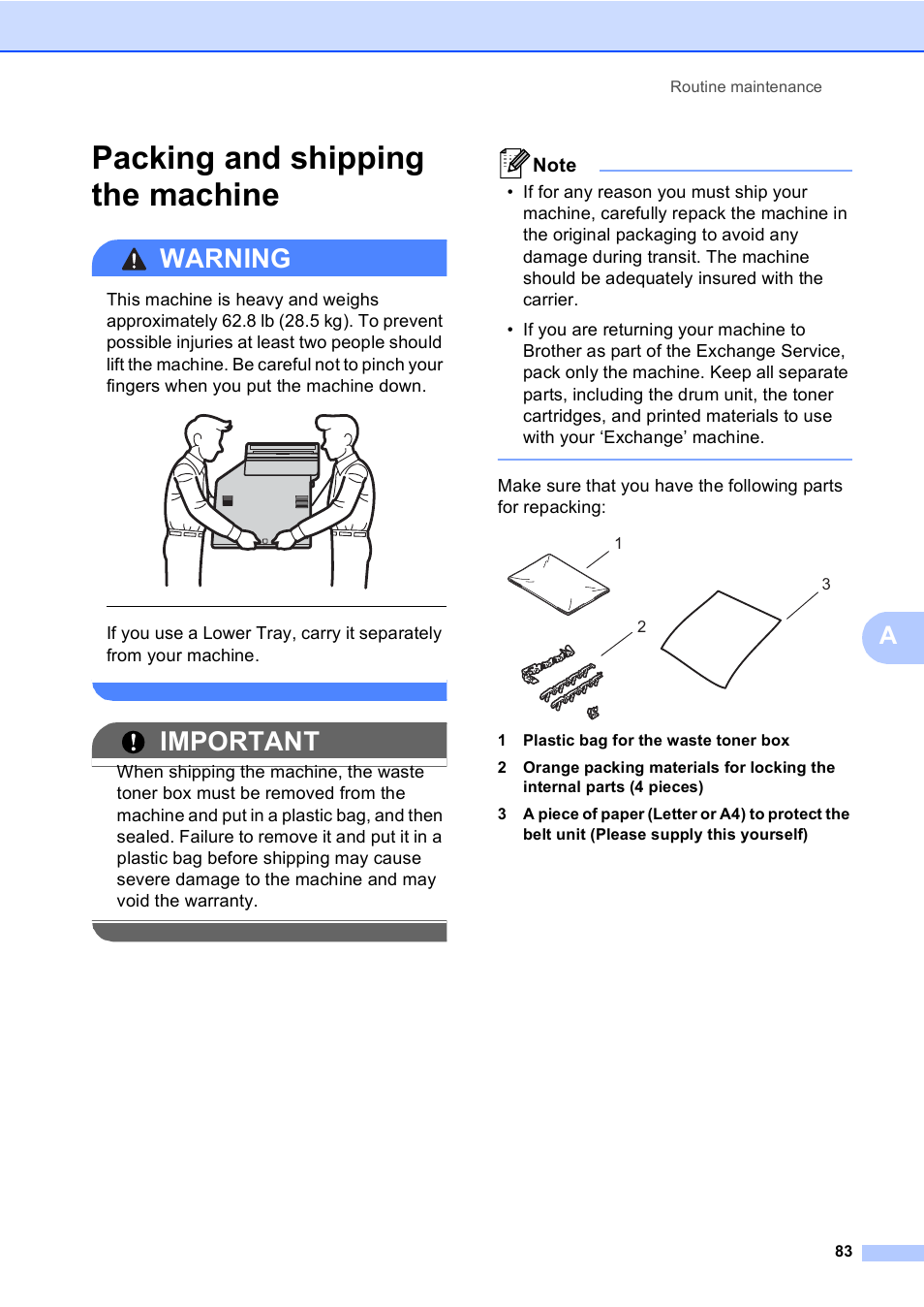 Packing and shipping the machine, Warning, Important | Brother MFC 9970CDW User Manual | Page 89 / 110