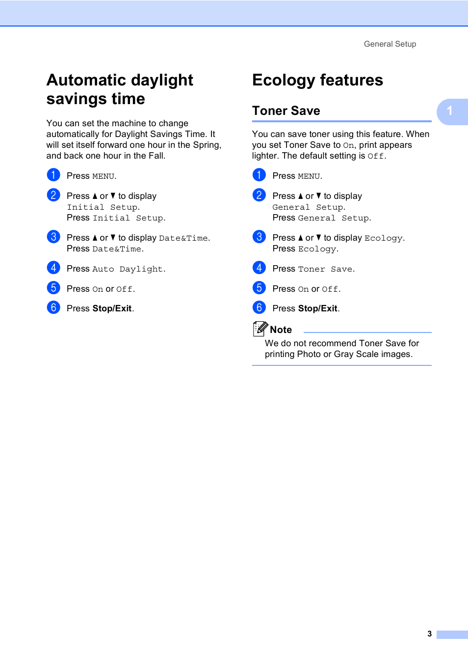 Automatic daylight savings time, Ecology features, Toner save | Automatic daylight savings time ecology features | Brother MFC 9970CDW User Manual | Page 9 / 110