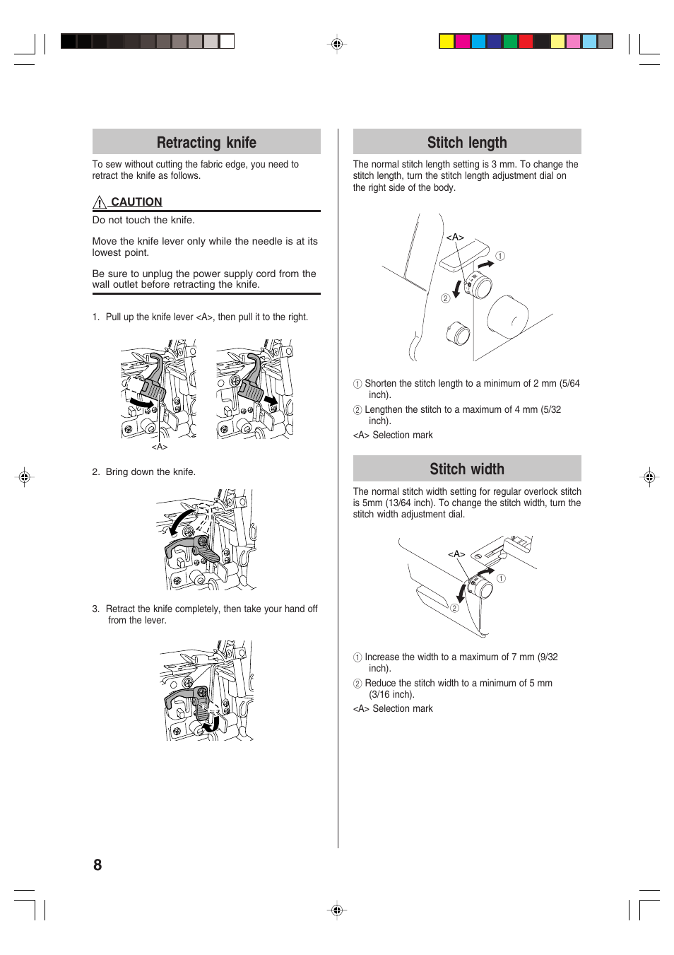 8retracting knife, Stitch length, Stitch width | Brother 3034D User Manual | Page 10 / 76