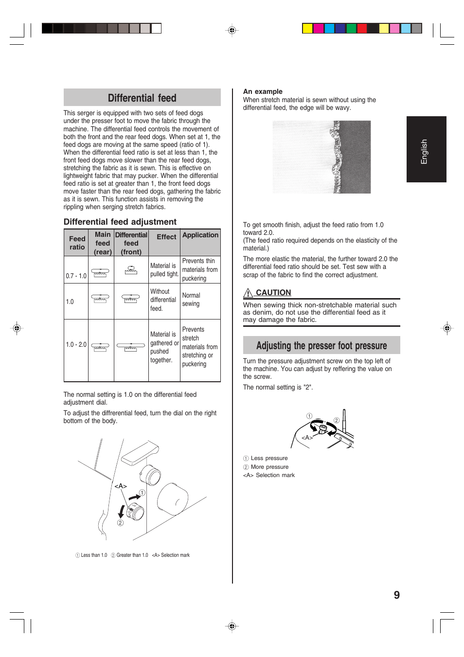 Differential feed, Adjusting the presser foot pressure | Brother 3034D User Manual | Page 11 / 76
