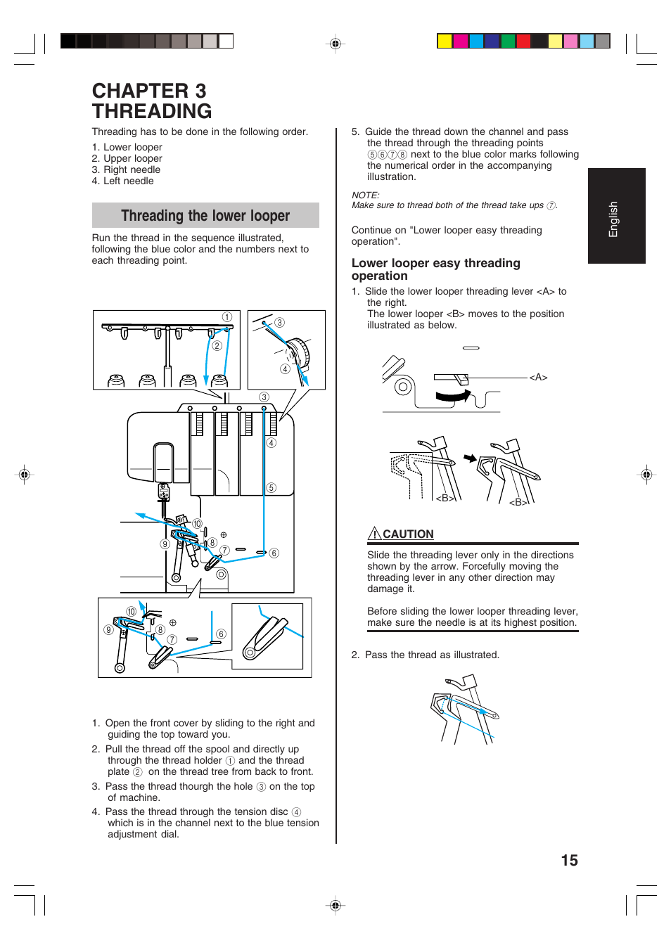 Chapter 3 threading, Threading the lower looper | Brother 3034D User Manual | Page 17 / 76