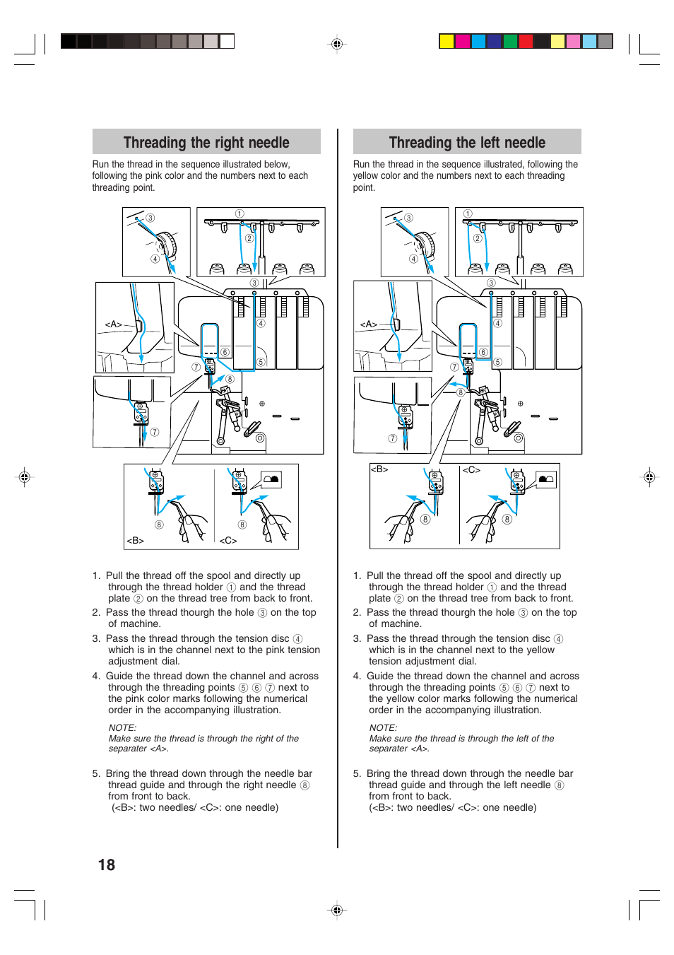 18 threading the right needle, Threading the left needle | Brother 3034D User Manual | Page 20 / 76