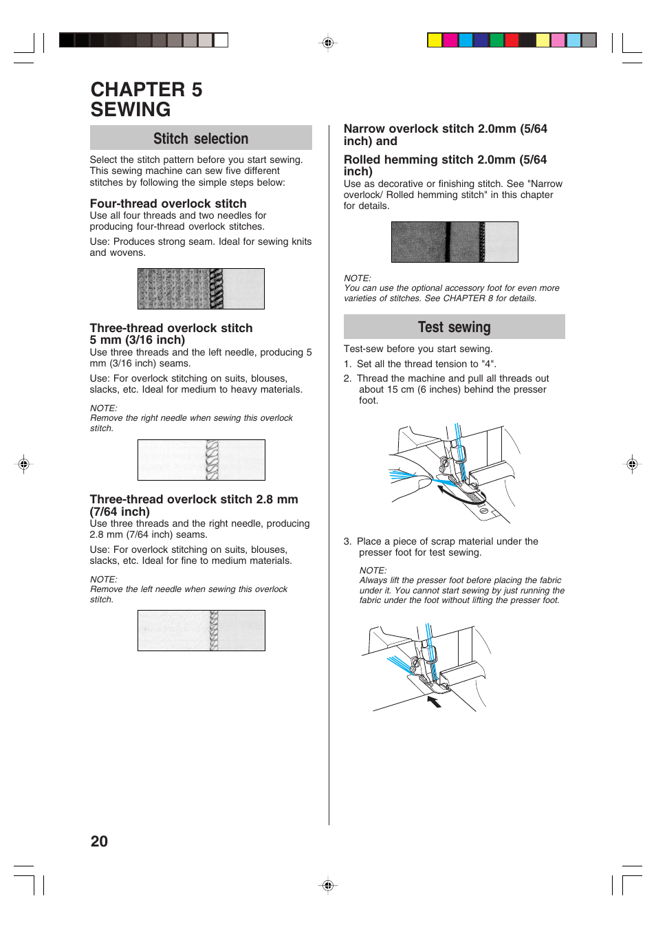 Chapter 5 sewing, Stitch selection, Test sewing | Brother 3034D User Manual | Page 22 / 76