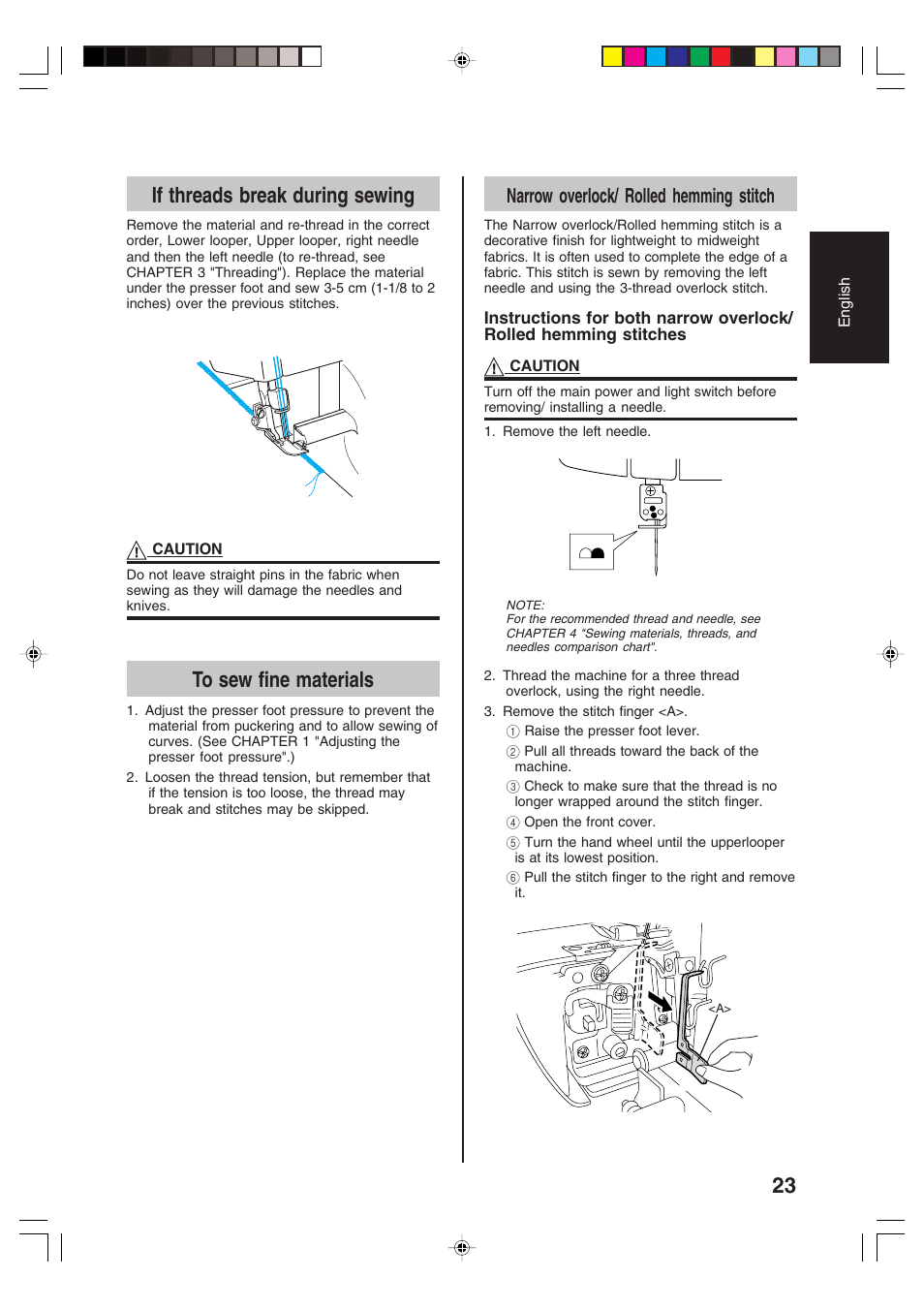 If threads break during sewing, Narrow overlock/ rolled hemming stitch | Brother 3034D User Manual | Page 25 / 76