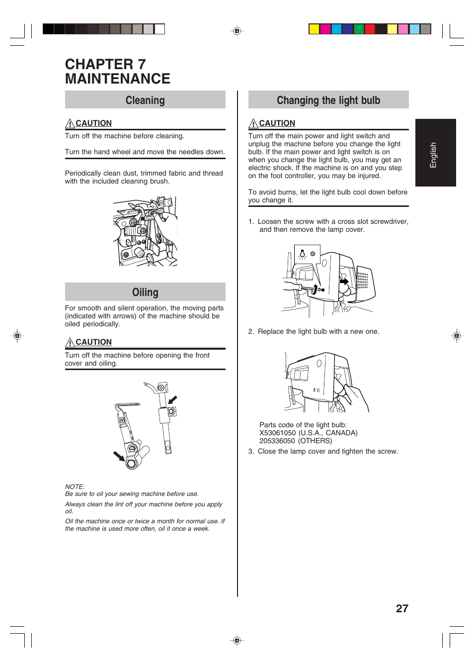 Chapter 7 maintenance, Changing the light bulb, Cleaning | Oiling | Brother 3034D User Manual | Page 29 / 76