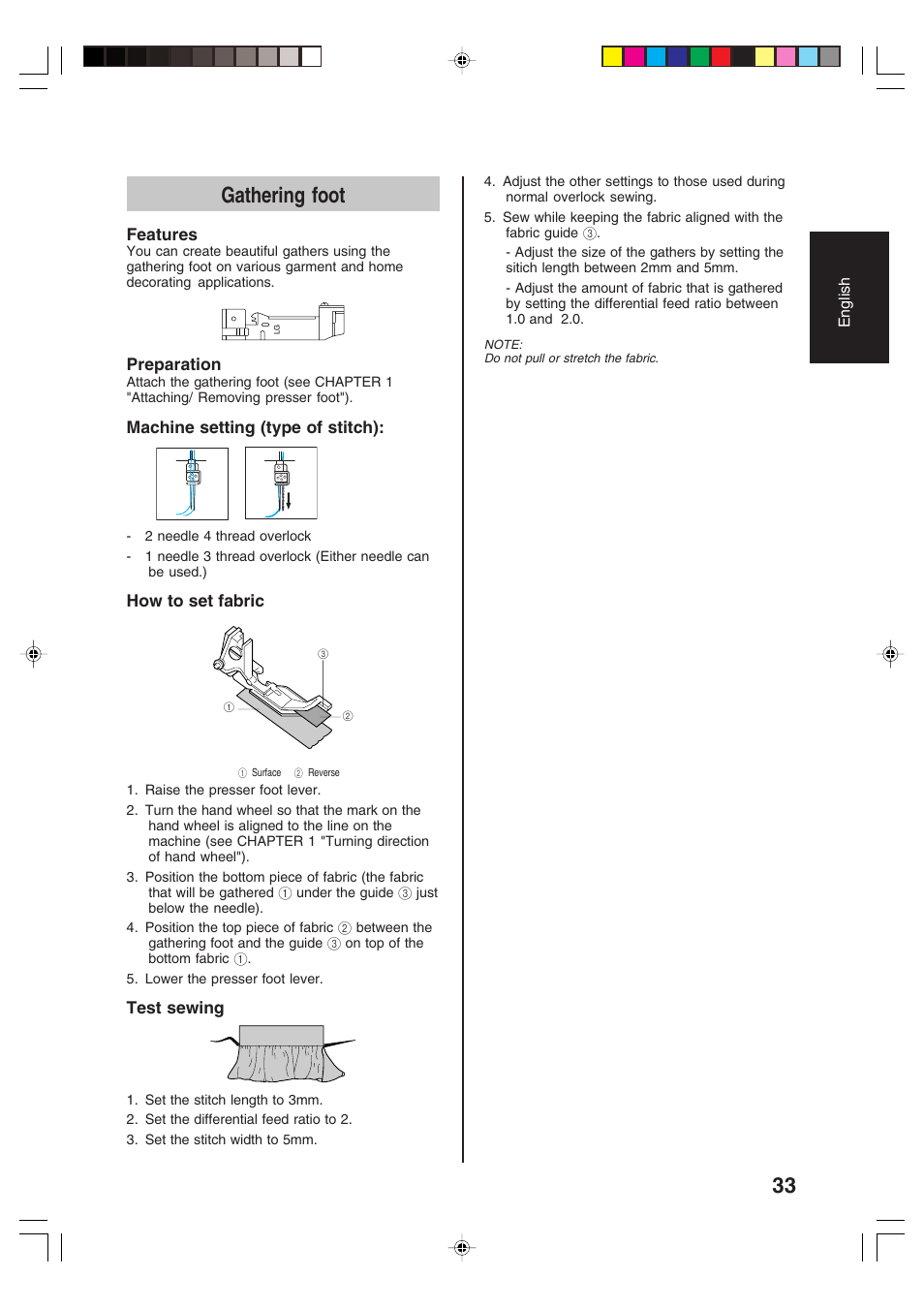 Gathering foot | Brother 3034D User Manual | Page 35 / 76