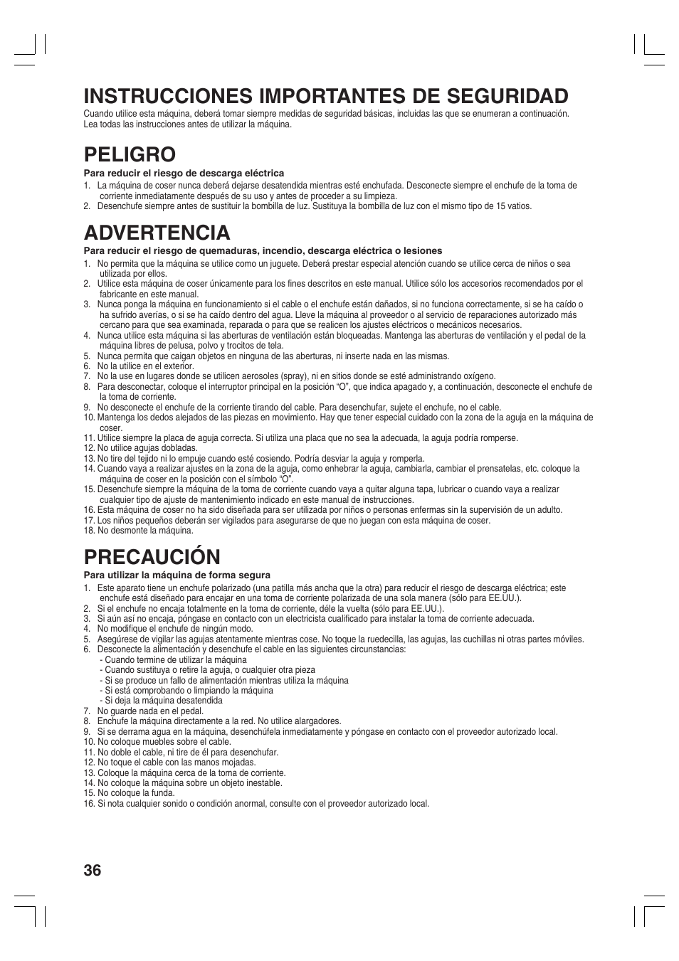 Instrucciones importantes de seguridad, Peligro, Advertencia | Precaución | Brother 3034D User Manual | Page 38 / 76