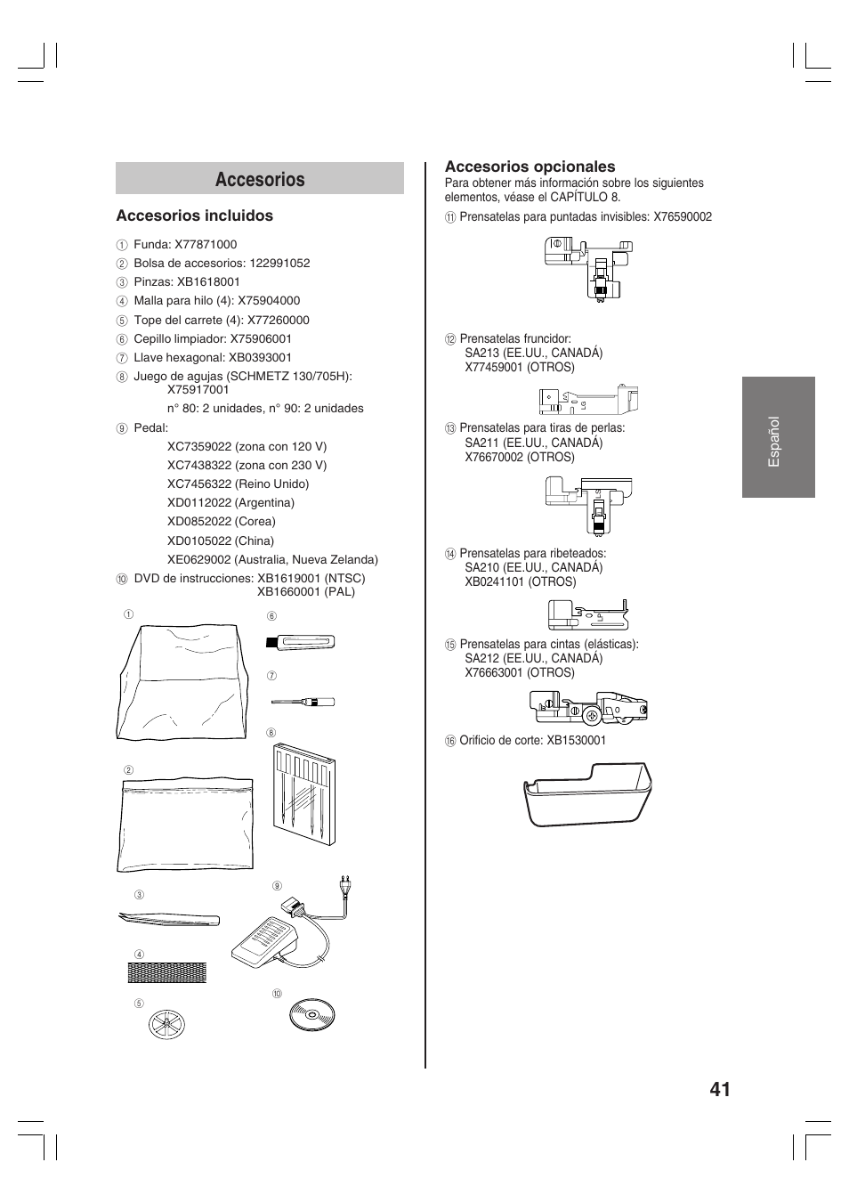 41 accesorios, Accesorios incluidos, Accesorios opcionales | Brother 3034D User Manual | Page 43 / 76