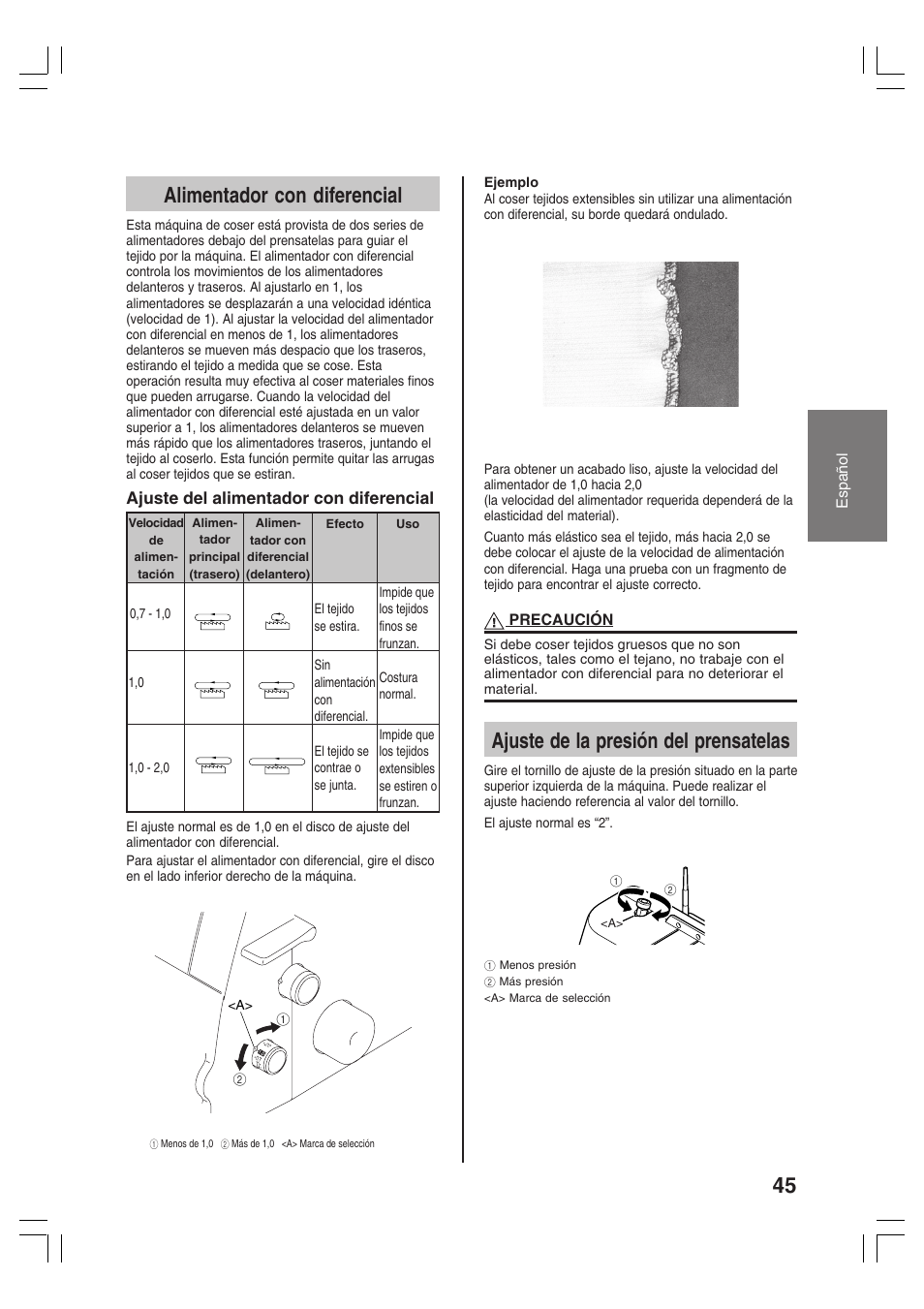 Alimentador con diferencial, Ajuste de la presión del prensatelas | Brother 3034D User Manual | Page 47 / 76