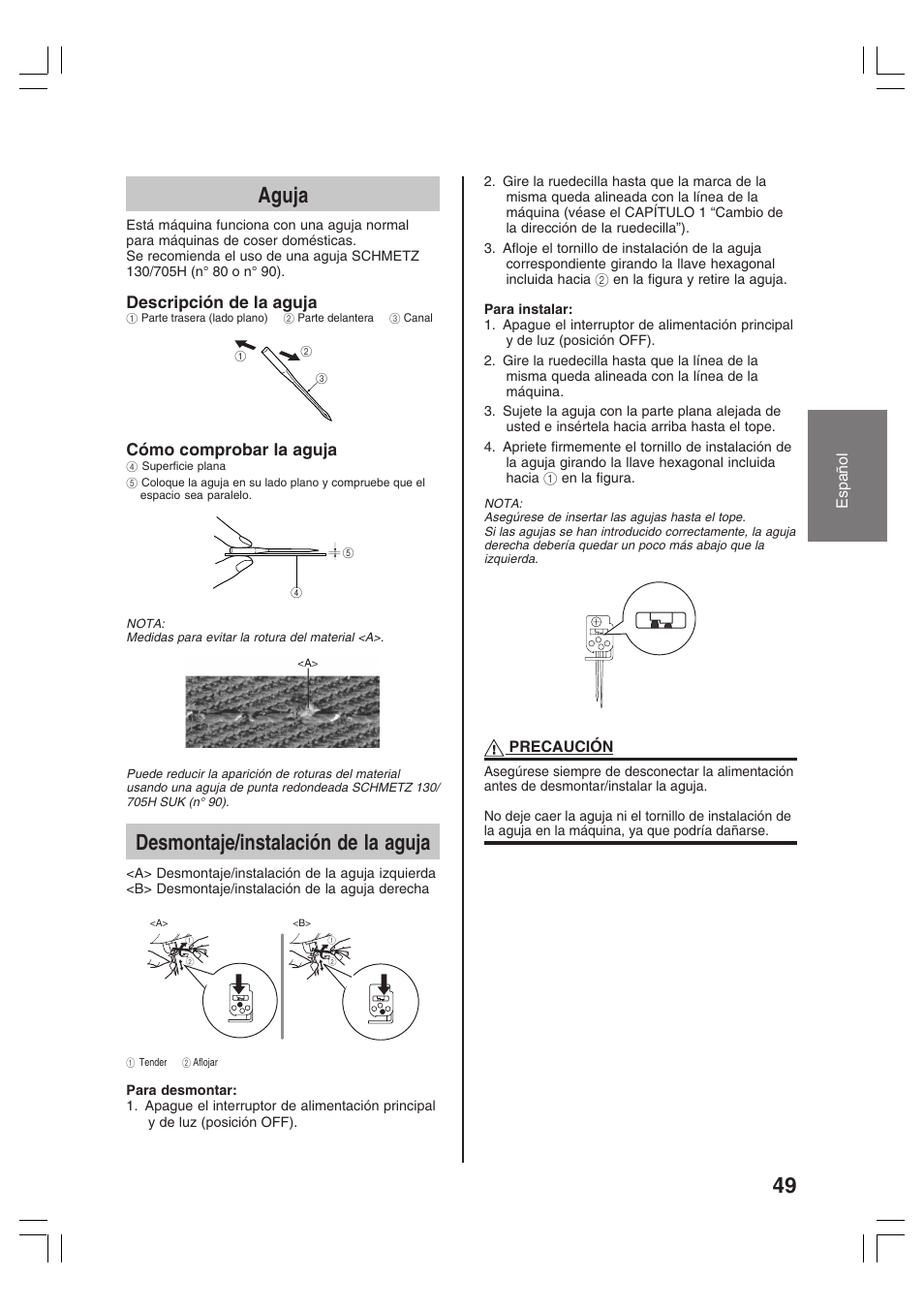 Aguja, Desmontaje/instalación de la aguja, Descripción de la aguja | Cómo comprobar la aguja, Español, Precaución | Brother 3034D User Manual | Page 51 / 76