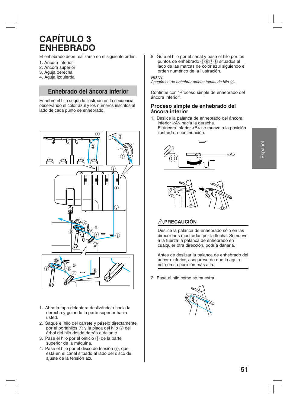 Capítulo 3 enhebrado, Enhebrado del áncora inferior | Brother 3034D User Manual | Page 53 / 76