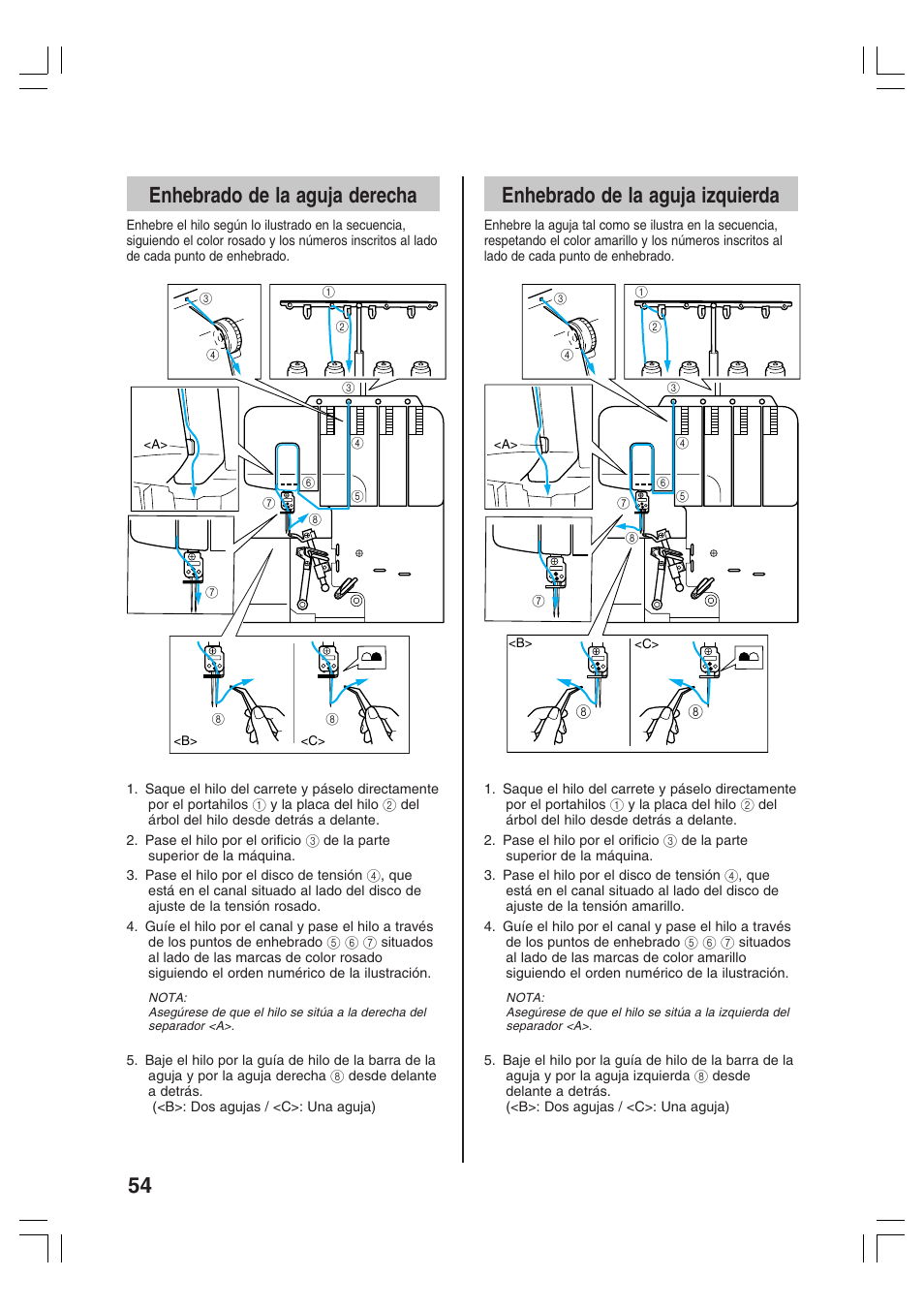 54 enhebrado de la aguja derecha, Enhebrado de la aguja izquierda | Brother 3034D User Manual | Page 56 / 76