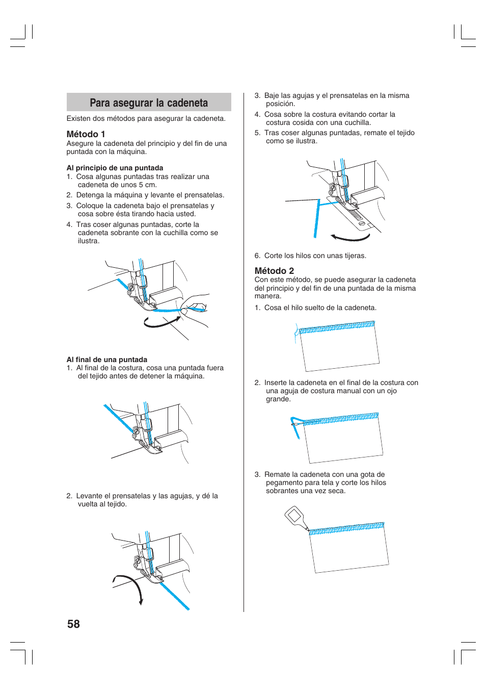 58 para asegurar la cadeneta | Brother 3034D User Manual | Page 60 / 76