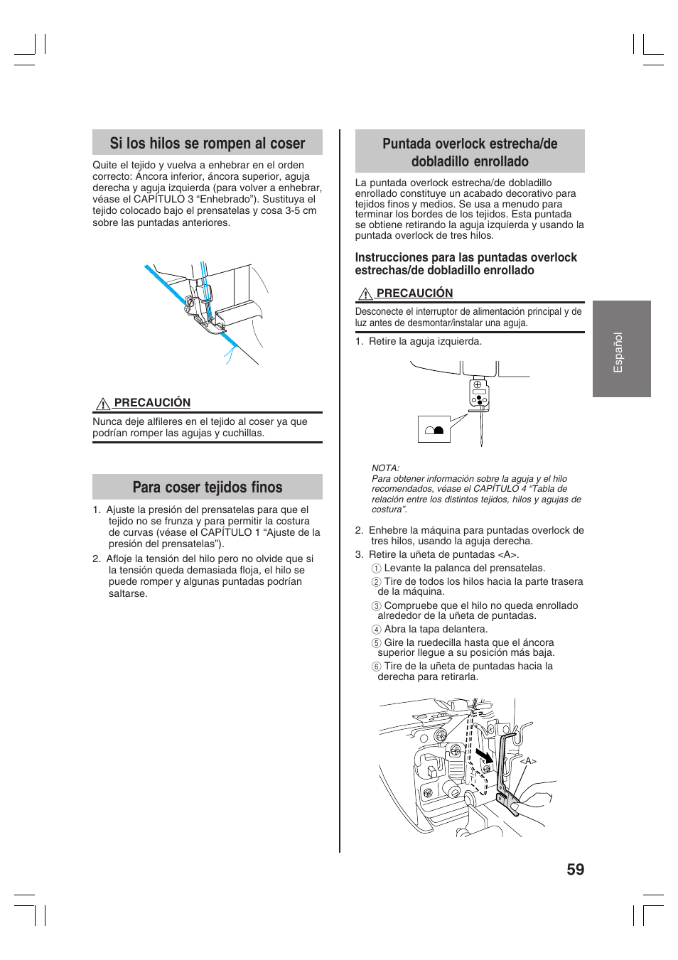 59 si los hilos se rompen al coser, Para coser tejidos finos, Puntada overlock estrecha/de dobladillo enrollado | Brother 3034D User Manual | Page 61 / 76